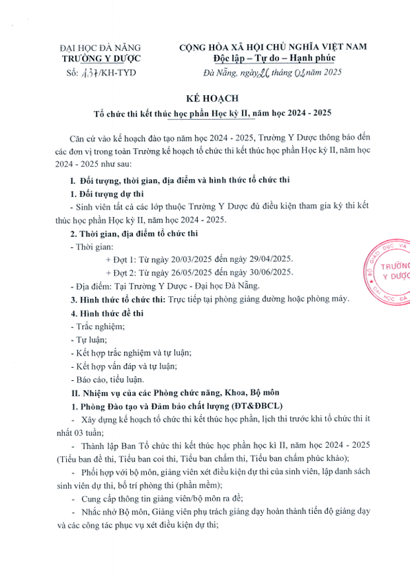 Kế hoạch tổ chức thi kết thúc học phần Học kỳ II - Năm học 2024 - 2025