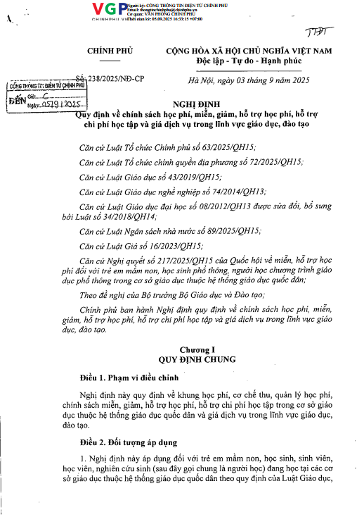 Nghị định số 238/2025/NĐ-CP của Chính phủ: Quy định về chính sách học phí, miễn, giảm, hỗ trợ học phí, hỗ trợ chi phí học tập và giá dịch vụ trong lĩnh vực giáo dục, đào tạo