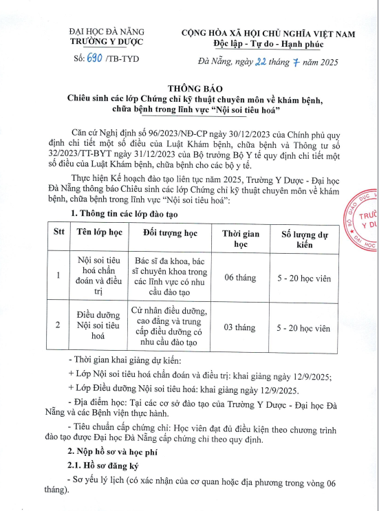 Thông báo Chiêu lớp Chứng chỉ kỹ thuật chuyên môn về khám bệnh, chữa bệnh trong lĩnh vực ''Nội soi tiêu hóa''