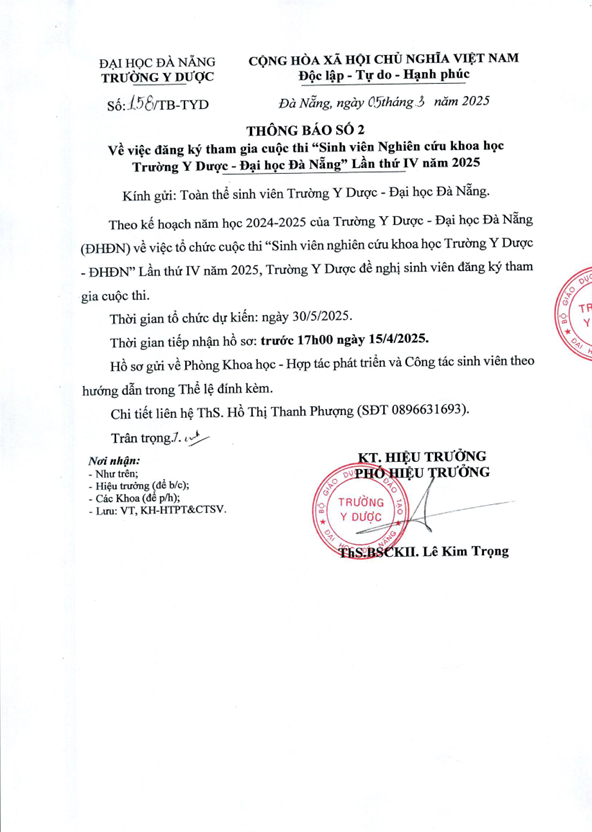 Thông báo số 2 về việc đăng ký tham gia Cuộc thi “Sinh viên Nghiên cứu khoa học Trường Y Dược - Đại học Đà Nẵng” Lần thứ IV năm 2025