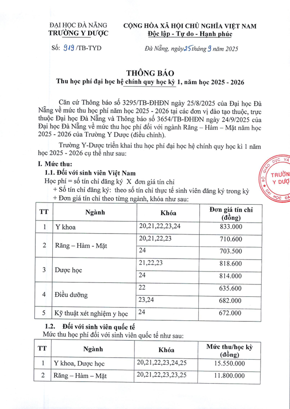 Thông báo thu học phí đại học hệ chính quy học kỳ I, năm học 2025-2026