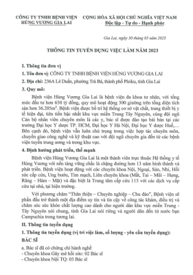 Thông báo Tuyển dụng các vị trí tại Bệnh viện Hùng Vương Gia Lai