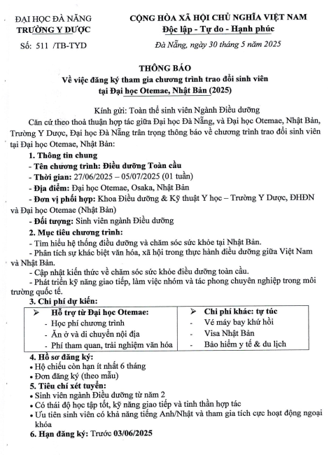Thông báo về việc đăng ký tham gia chương trình trao đổi sinh viên tại Đại học Otemae, Nhật Bản (2025)