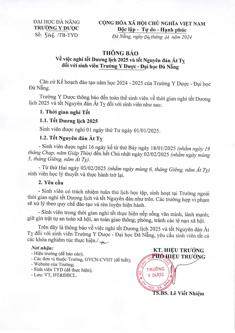 Thông báo về việc nghỉ tết Dương lịch 2025 và tết Nguyên đán Ất Tỵ đối với sinh viên Trường Y Dược – Đại học Đà Nẵng