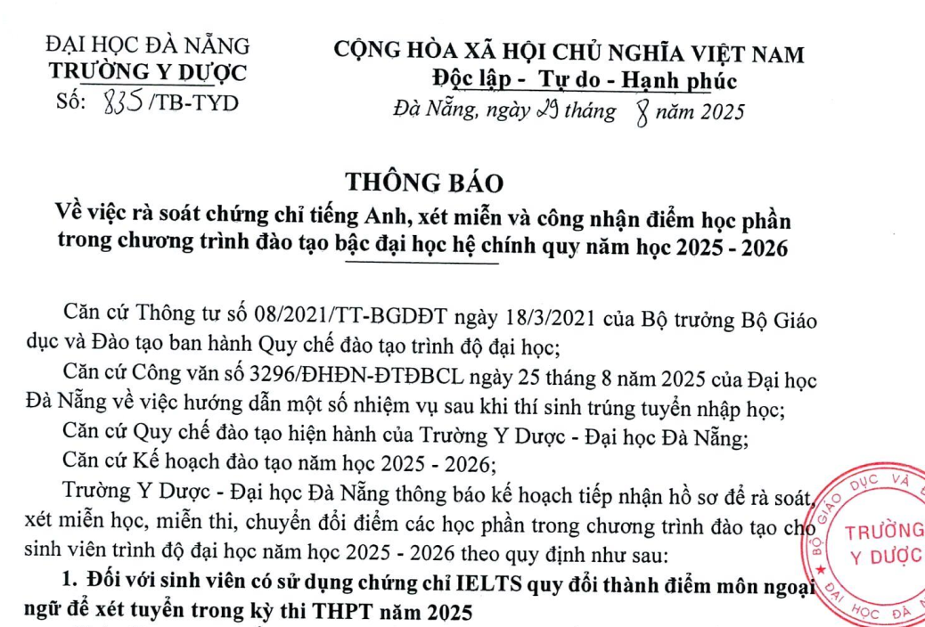 Thông báo về việc rà soát chứng chỉ tiếng Anh, xét miễn và công nhận điểm học phần trong chương trình đào tạo bậc đại học hệ chính quy năm học 2025-2026