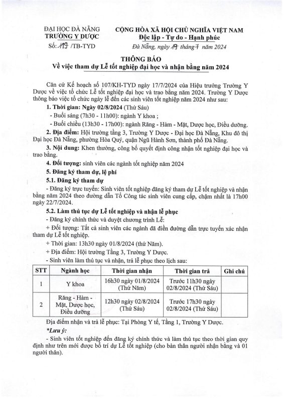 Thông báo về việc tham dự Lễ tốt nghiệp đại học và nhận bằng năm 2024