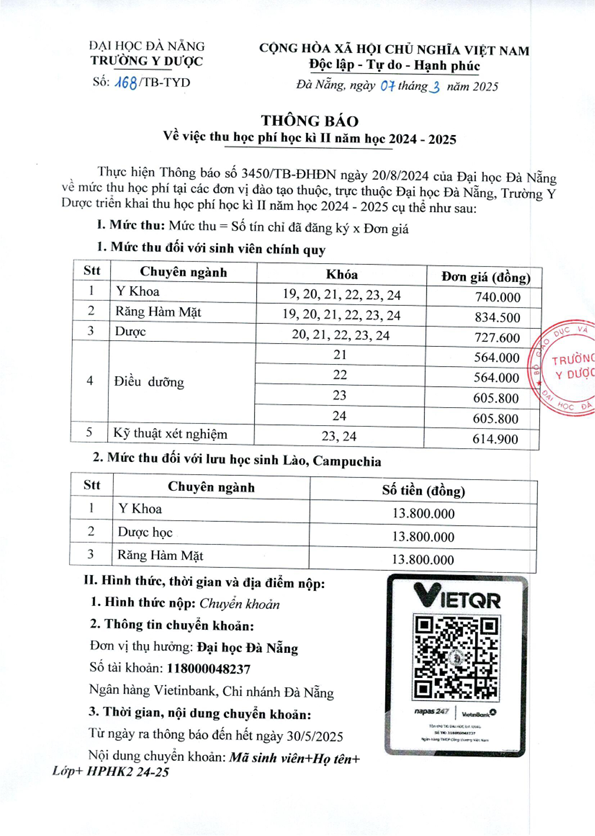 Thông báo về việc thu học phí học kì II năm học 2024-2025