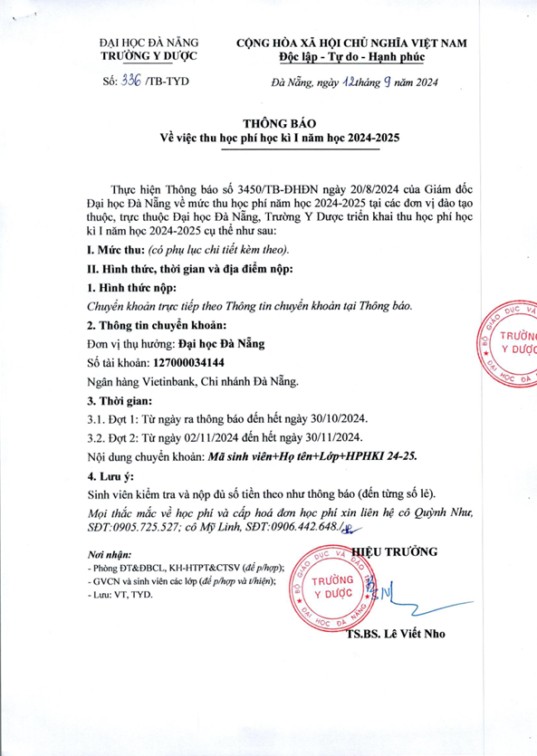 Thông báo về việc thu học phí học kỳ I năm học 2024-2025