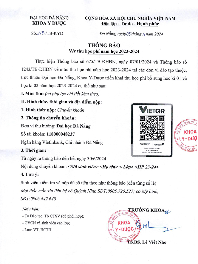 Thông báo về việc thu học phí năm học 2023-2024