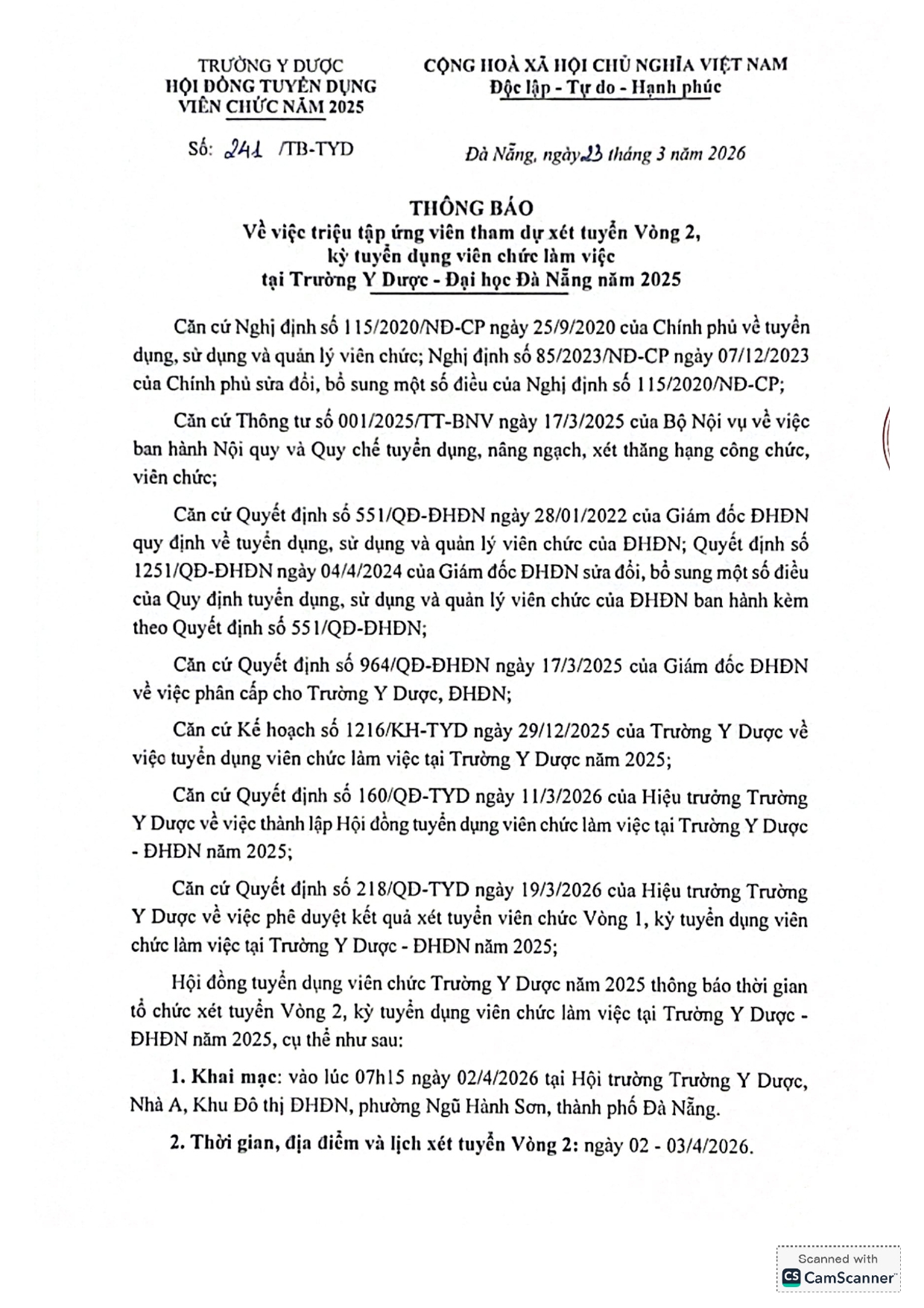 Thông báo về việc triệu tập ứng viên tham dự xét tuyển Vòng 2, kỳ tuyển dụng viên chức làm việc tại Trường Y Dược - Đại học Đà Nẵng năm 2025