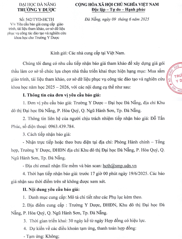 Thông báo về việc yêu cầu báo giá cung cấp giáo trình, tài liệu tham khảo, cơ sở dữ liệu phục vụ công tác đào tạo và nghiên cứu khoa học cho Trường Y Dược
