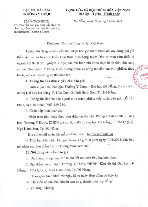 Thông báo yêu cầu báo giá cung cấp thiết bị phục vụ công tác đào tạo thí nghiệm, thực hành cho Trường Y Dược